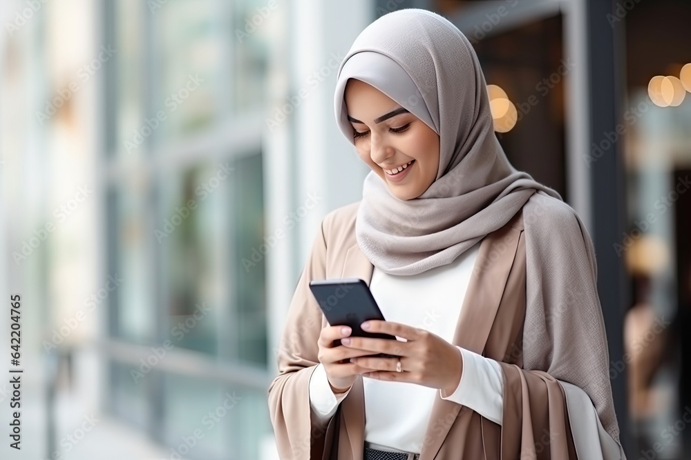 Muslim woman using phone