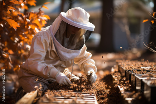 A neighborhood beekeeper tends to hives, highlighting the potential for sustainable practices and local pollination efforts. Generative Ai. © Sebastian