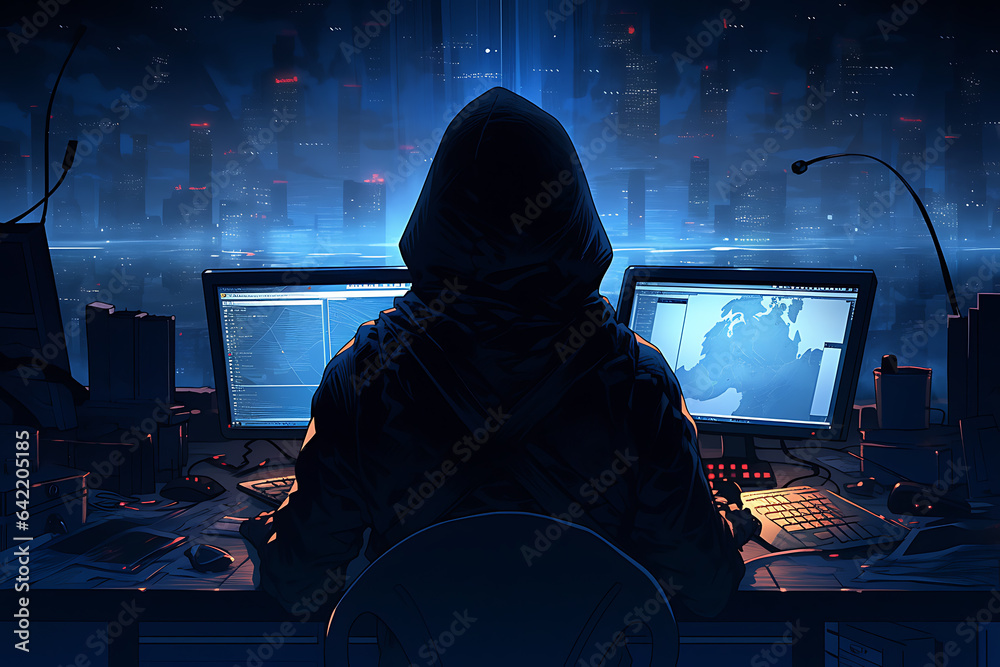 hacker sitting at the computer, cyber security and anti-spyware concept hacker sitting at the computer, cyber security and anti-spyware concept