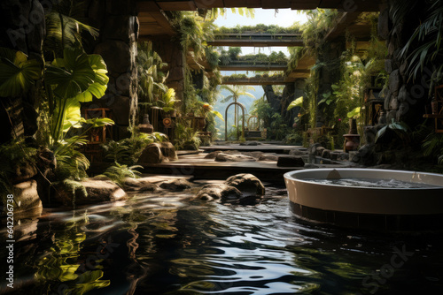 A spa resort offers open-air baths surrounded by lush vegetation  providing a space for guests to unwind in nature s embrace. Generative Ai.