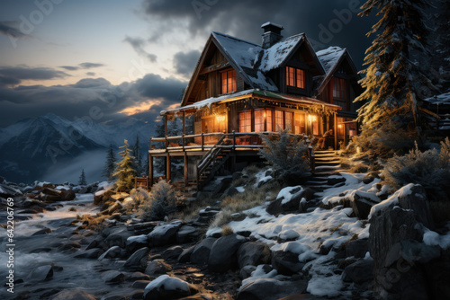 A secluded cabin in a snowy landscape offers a cozy retreat for those seeking solitude and rejuvenation during winter. Generative Ai. © Sebastian