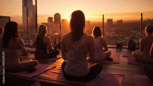 Group of women practicing yoga in a sunset view on the roof or terrace of a building