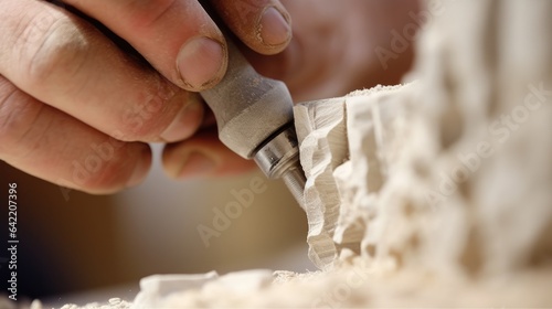 Close-up of a sculptor's hands carving marble