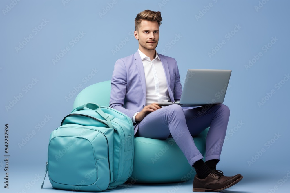 young businessman with laptop and bag sitting on beanbag chair on blue. Business Concept. Coworker. Freelance Concept. Office Concept with Copy Space.