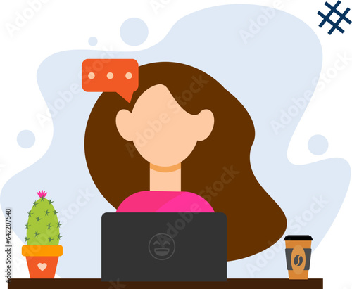 The girl is happy to work on a drawing on a laptop in a FLAT style.