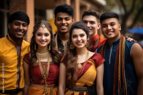 A group of students from India showcasing their traditional attire during an international festival on campus. Generative Ai.