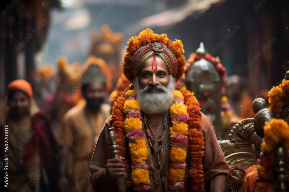 A lively and colorful procession during a traditional festival in India, showcasing the vibrancy of the country's culture. Generative Ai.