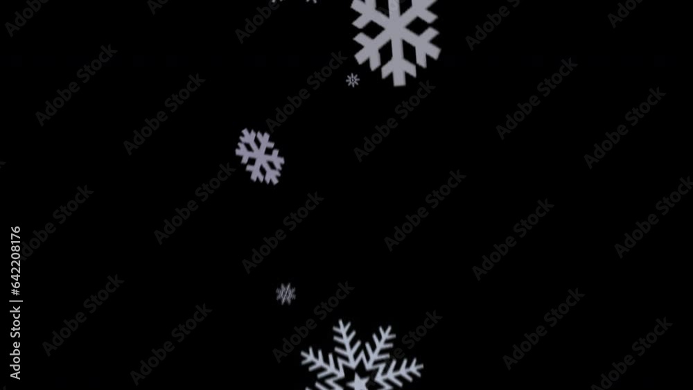 Animated snow flakes falling from the sky in slow motion, illustration-style, 4k 24p with alpha channel for transparent background