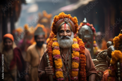A lively and colorful procession during a traditional festival in India, showcasing the vibrancy of the country's culture. Generative Ai.