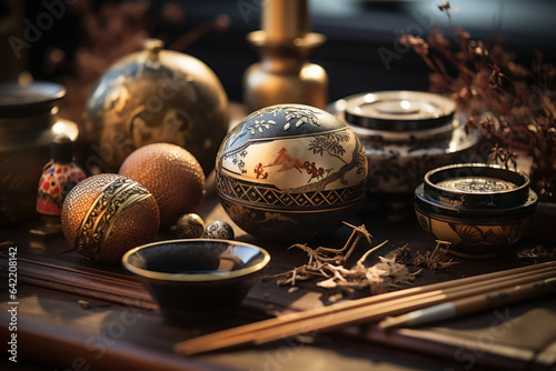 Intricately designed Japanese tea ceremony utensils, reflecting the meticulous attention to detail in Japanese cultural practices. Generative Ai.