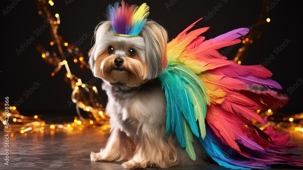 Dog wearing fashionable costume for carnival party. Cute funny puppy dogs dressed up in Halloween costumes. Humanised animals concept..