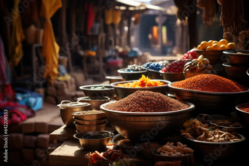 A bustling marketplace in Morocco, filled with vibrant textiles, spices, and crafts that embody the essence of Moroccan culture. Generative Ai. © Sebastian