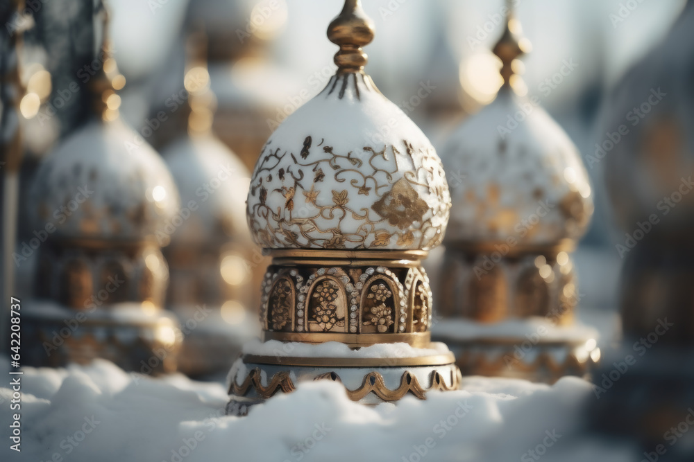 Obraz premium Lavish and ornate Russian Orthodox church domes against a backdrop of snow, representing the cultural and religious heritage of Russia. Generative Ai.