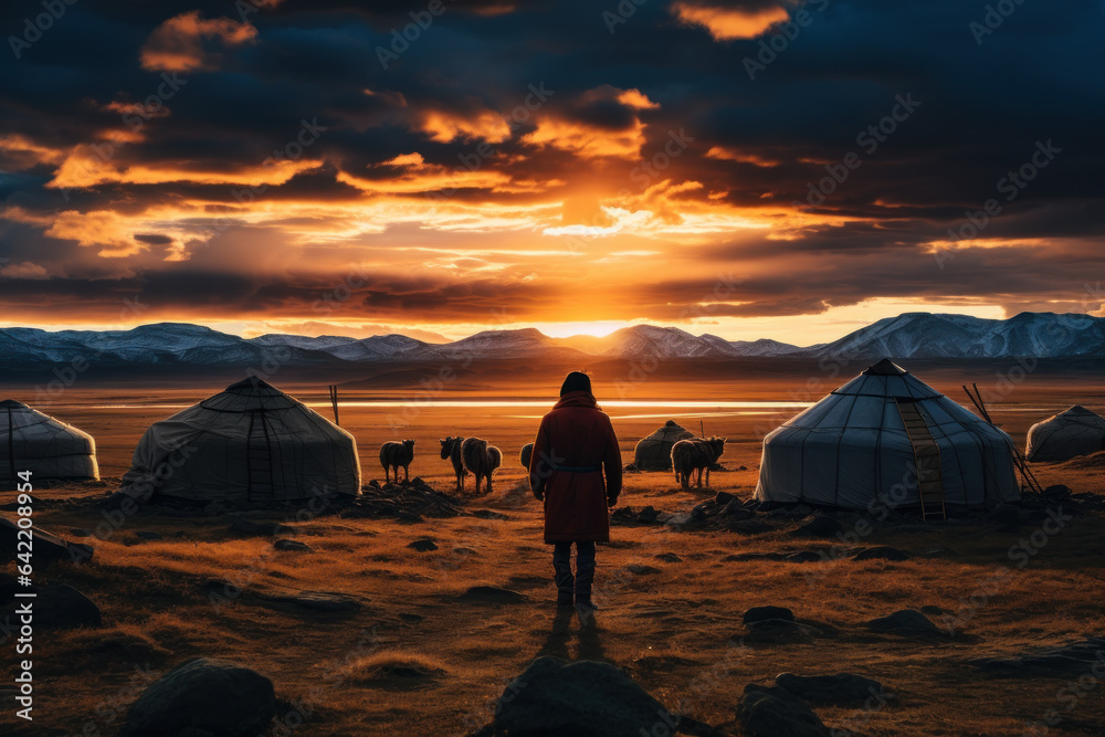 A person photographing the breathtaking landscapes and traditional yurts of Mongolia, highlighting the nomadic lifestyle and natural beauty. Generative Ai.