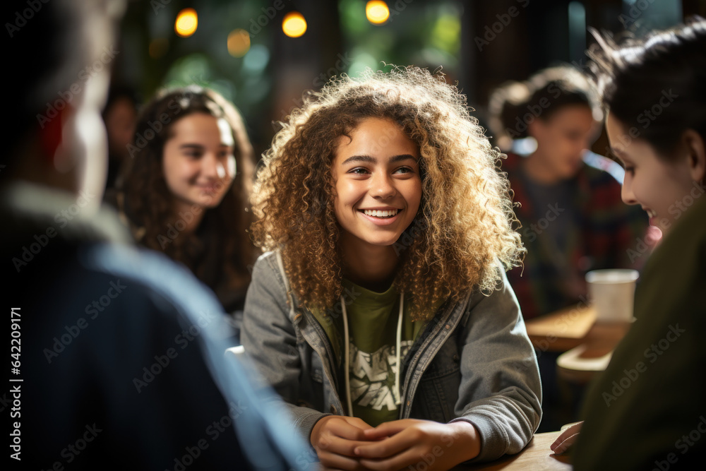 A student excitedly chatting with classmates during a group project, their expressive gestures reflecting their enthusiasm. Generative Ai.