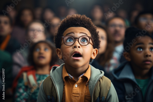 A close-up of a student's face as they raise their eyebrows in surprise and interest while their teacher introduces a thought-provoking concept. Generative Ai.
