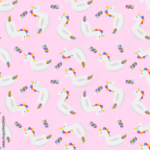 Seamless pattern with unicorn inflatable float. Unicorn and ice cream