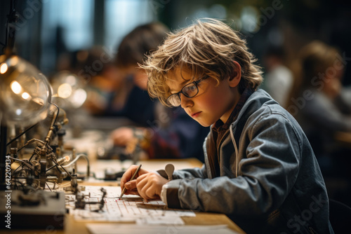 A student leaning forward with an eager expression, fully engaged in a hands-on activity that sparks their curiosity. Generative Ai.