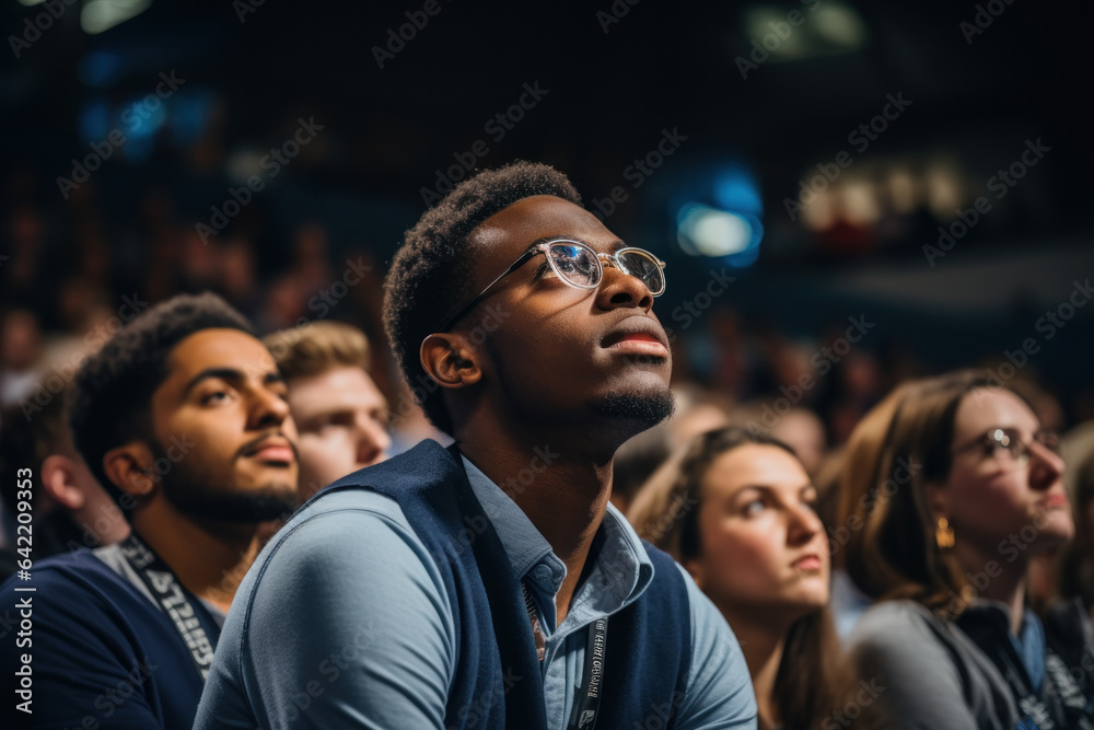 Obraz premium A close-up of a student's face as they listen intently, hanging on to every word of a motivational talk by a guest speaker. Generative Ai.