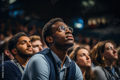 A close-up of a student's face as they listen intently, hanging on to every word of a motivational talk by a guest speaker. Generative Ai.