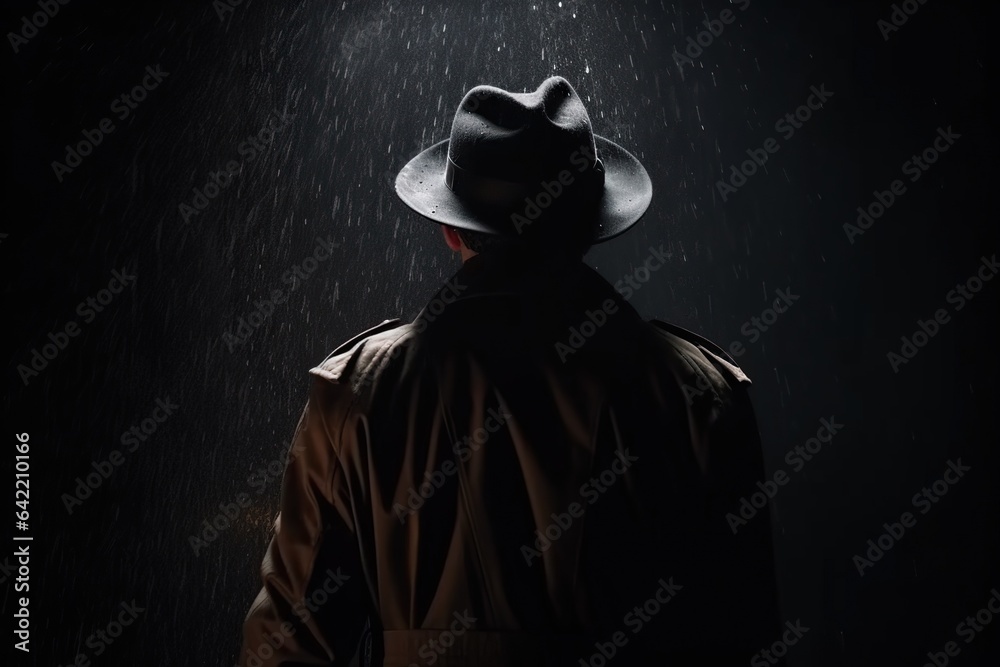 Spy in a hat and raincoat in dark place Spy in a hat and raincoat in dark place