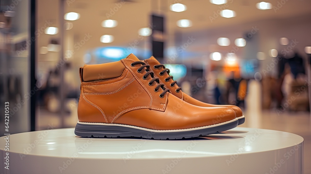 A pair of trendy brown leather men's boots stands on a showroom shelf. Advertising concept. Illustration for banner, poster, cover, brochure, advertising, marketing or presentation. A pair of trendy brown leather men's boots stands on a showroom shelf. Advertising concept. Illustration for banner, poster, cover, brochure, advertising, marketing or presentation.