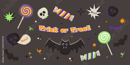 halloween poster with candy and lollipops, funny bat and skulls
