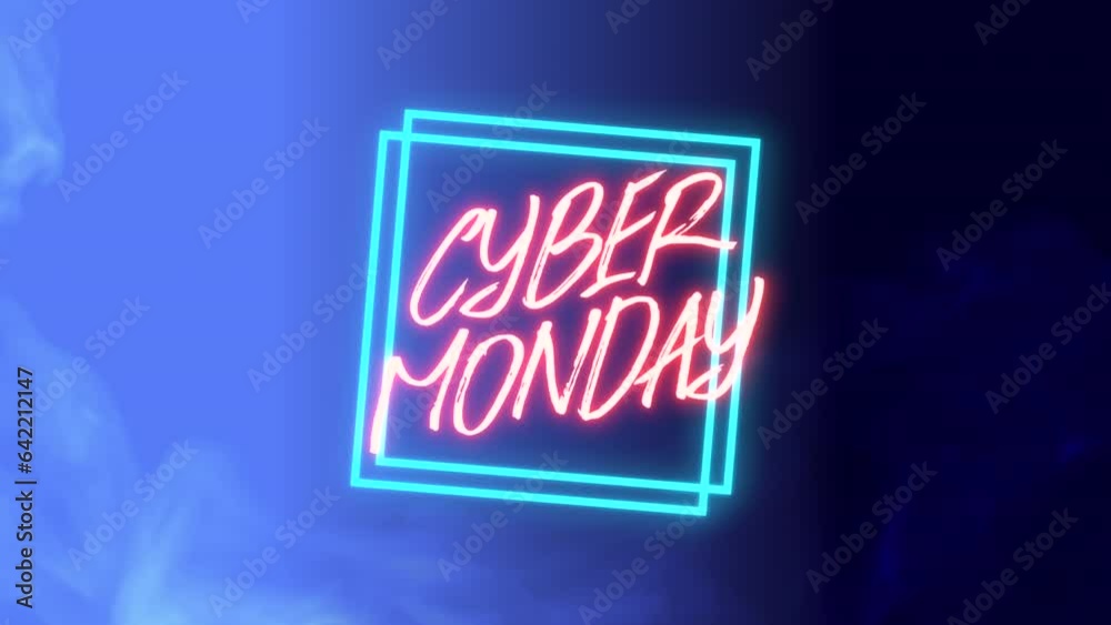 Cyber Monday with neon squares and smoke on blue gradient, motion abstract disco, club and holidays style background