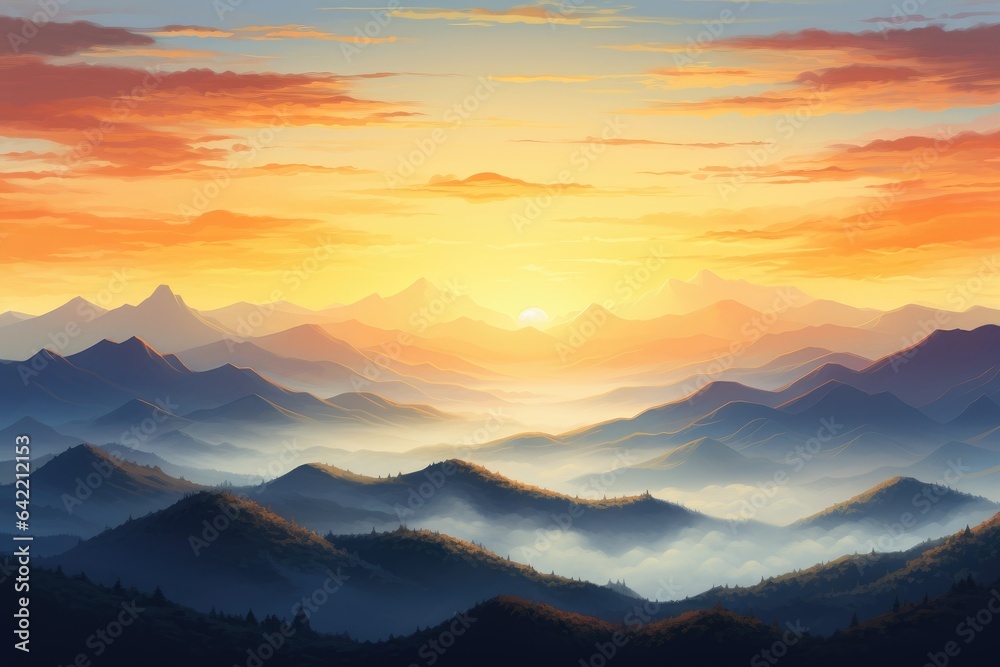 Beautiful landscape with sunrise over mountains 