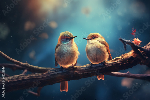 Two colorful birds sit on a branch on blue background. Generative AI © voisine574
