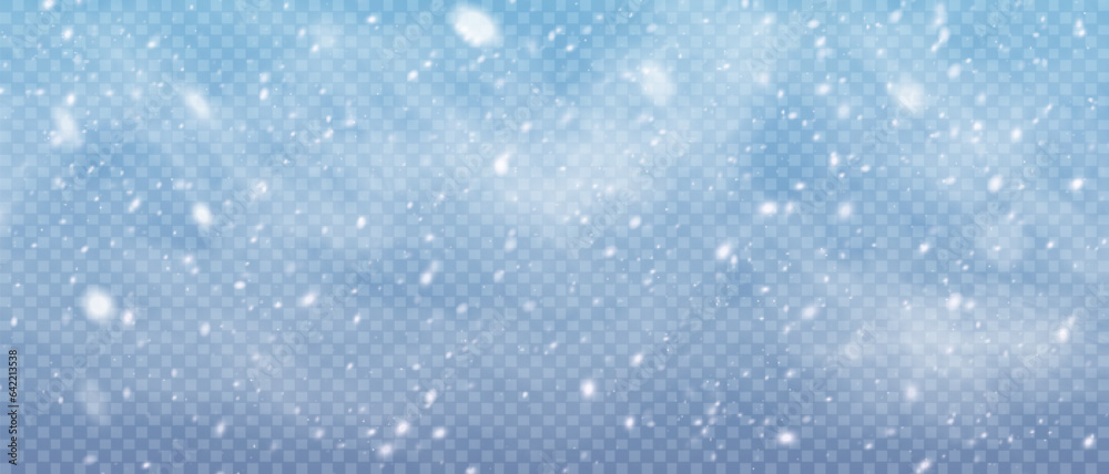 Falling Christmas snowflakes in transparent beauty, delicate and small, isolated on a clear background. Snowflake elements, snowy backdrop. Vector illustration of intense snowfall, snowflakes in diver
