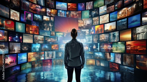 man watching multimedia wall
