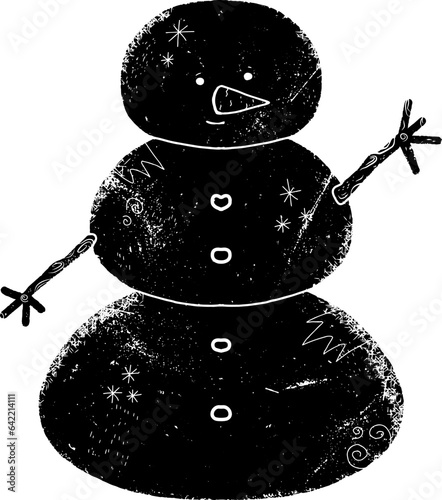 Snowman. Illustration in linocut style, stylization, rustic style. Vector element for design