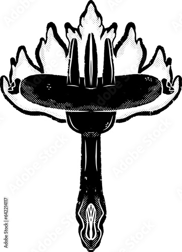 Sausage on a fork on fire. Illustration in linocut style, rustic style. Vector element for design