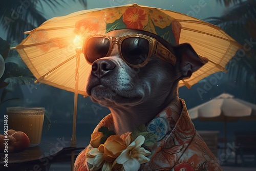 The dog wearing sunglasses and a fancy cocktail umbrella, having vacaction photo