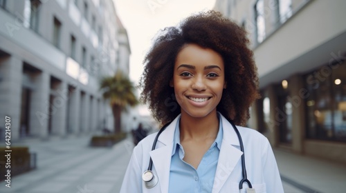Happy African American woman doctor in scrubs standing outside the hospital. Portrait of a smiling African girl physician standing outside the hospital, on a summer day. Medic is on a break.