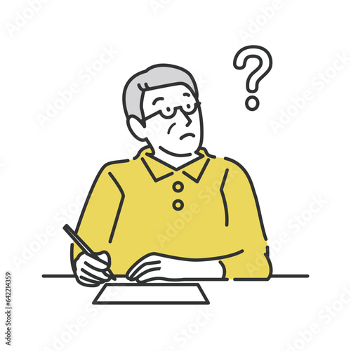 考え事をしながら文章を書くシニア男性のイラスト