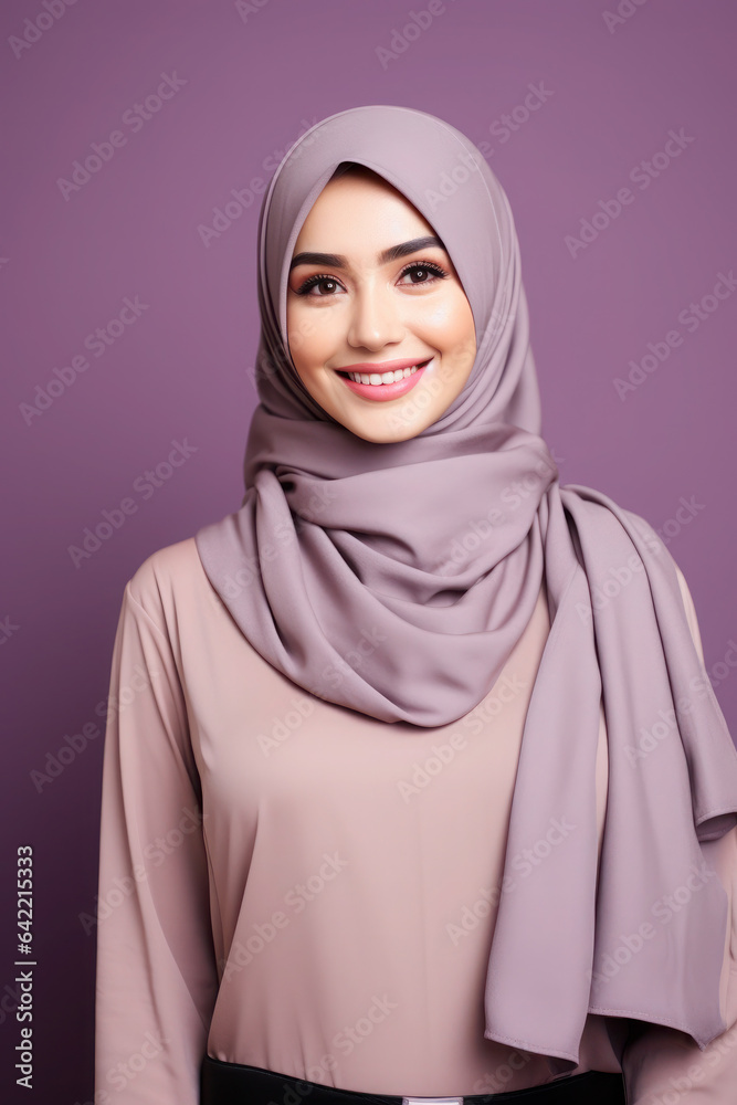 A portrait of young smiling Muslim woman wearing a hijab over colored background studio. mile girl is happy and posing. A portrait of young smiling Muslim woman wearing a hijab over colored background studio. mile girl is happy and posing.