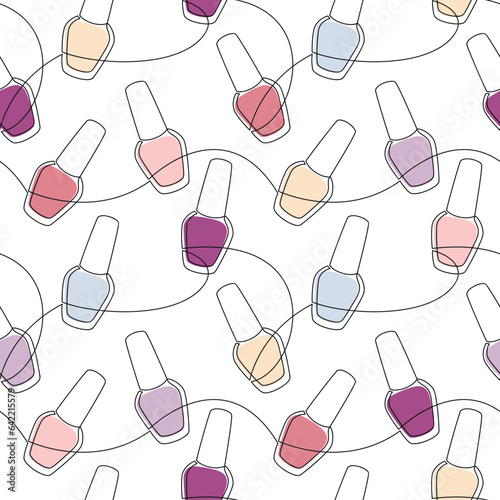 Nail polish seamless pattern vector. Cosmetic icon line continuous drawing. Graphic cartoon illustration. Fashion wallpaper, beauty background, fabric, textile, print, doodle backdrop, card, brochure.
