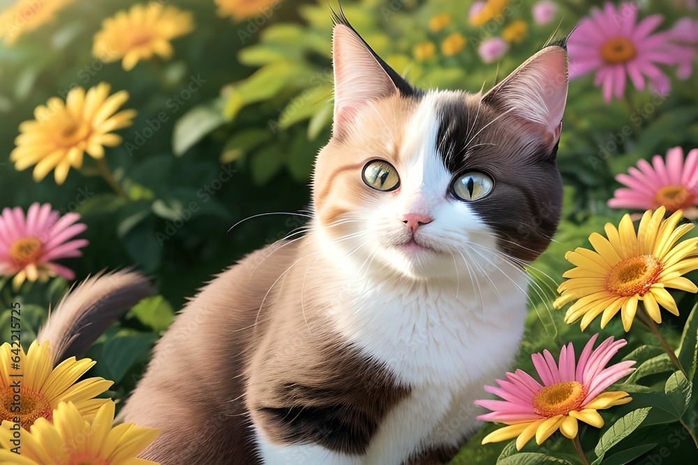 3d graphic cat with flowers