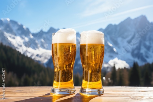 Two beer glasses outdoors under the sunlight, snowy mountains and castle in the background, winter ski vacation vibe