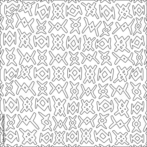 White background with black pattern. Texture with figures from lines.Line shape design.Abstract background for web page, textures, card, poster, fabric, textile. Monochrome graphic repeating design. 