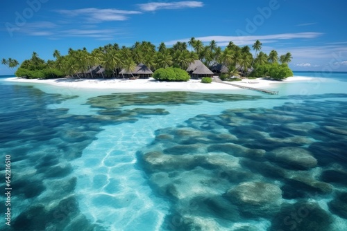 Perfect aerial landscape  luxury tropical resort or hotel with water villas and beautiful beach scenery. Amazing bird eyes view in Maldives  landscape seascape aerial view over a Maldives