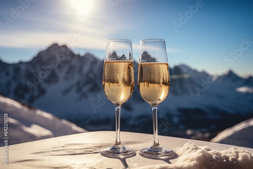 Two champagne glasses outdoors under the sunlight, snowy mountains and castle in the background, winter ski vacation vibe