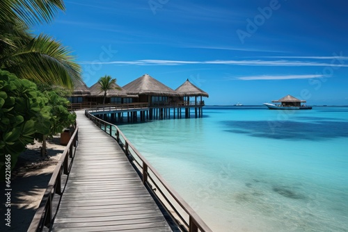 Maldives paradise scenery. Tropical aerial landscape, seascape with long jetty, water villas with amazing sea and lagoon beach, tropical nature. Exotic tourism destination banner, summer vacation © John Martin