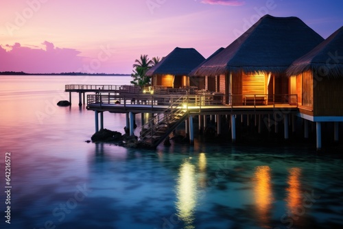 tropical beach in Maldives with few palm trees and blue lagoon. sunset. evening. Luxury travel concept with Copy Space.