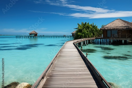 Tropical island with water bungalows at Maldives. Small island in Maldives with few palm trees and blue lagoon. Tropical island with water bungalows and coconut palm trees © John Martin