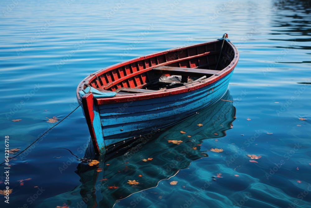 A Serene Scene: The Captivating Image of the Blue Boat Rippling Gently in the Tranquil Lake