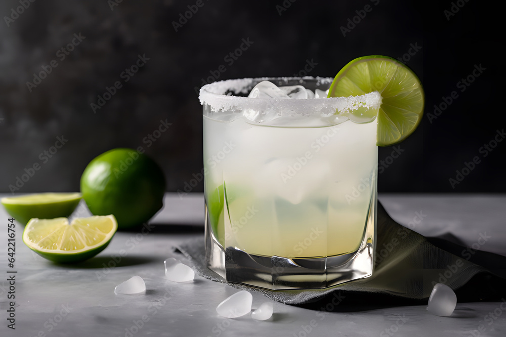 Fototapeta premium Margarita cocktail with ice, a slice of lime and a salty rim on a dark background