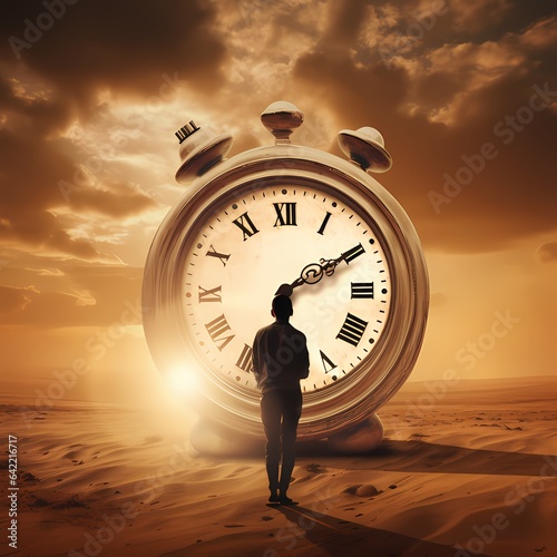 A man stands in front of a clock in the desert, watching time pass. End of time, end of the world and fulfillment concept.